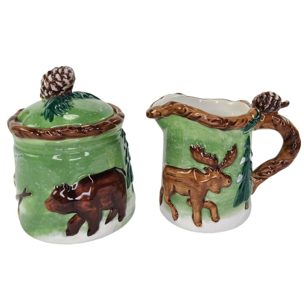 Cabin Lake Lodge Sugar With Lid Creamer Moose Bear Wildlife Rustic Ceramic READ